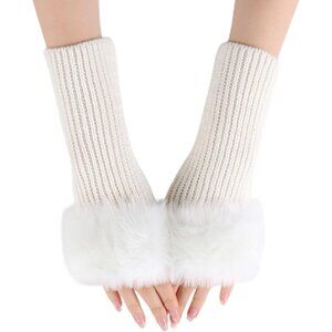 Women's White Knitted Fingerless Faux Fur Wrist Cuff Thumb Hole Warmers Gloves
